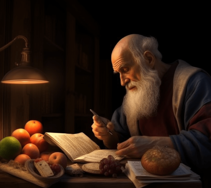 Imagen creada con IA. Hipócrates examina alimentos y toma notas alumbrado por una vela