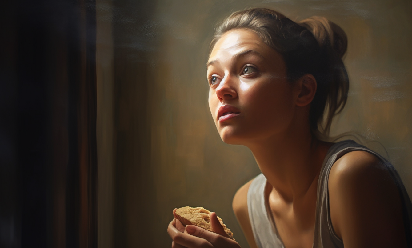 Imagen creada por IA. Una chica con un trozo de pan en la mano, incómoda por no deber comérselo