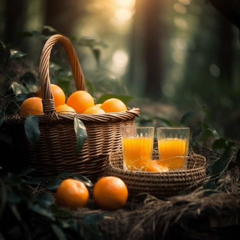Imagen creada por IA. Una cesta con naranjas