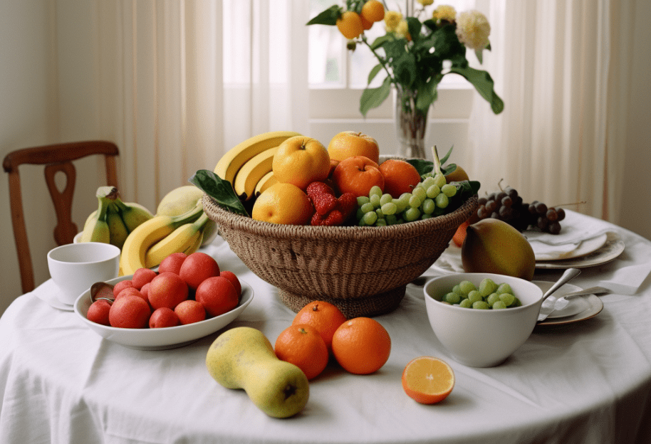 Imagen creada por IA. frutero lleno de fruta sobre una mesa blanca