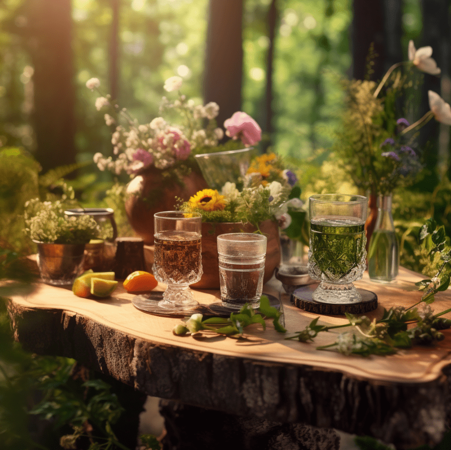 Imagen creada por IA. Una mesa con plantas e infusiones