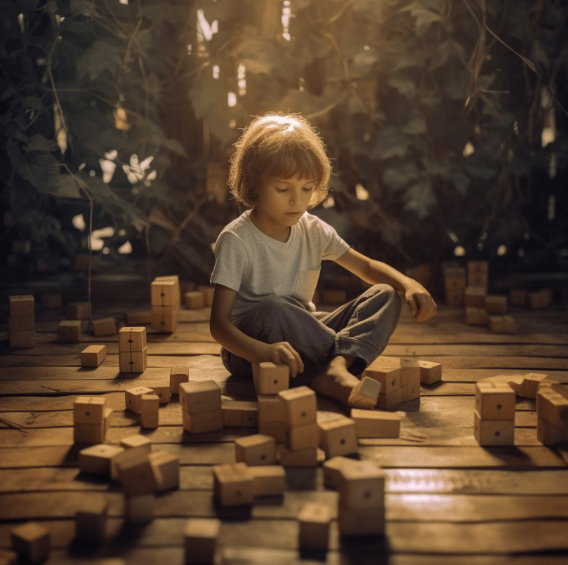 Imagen creada con IA. Un niño jugando con piezas de madera