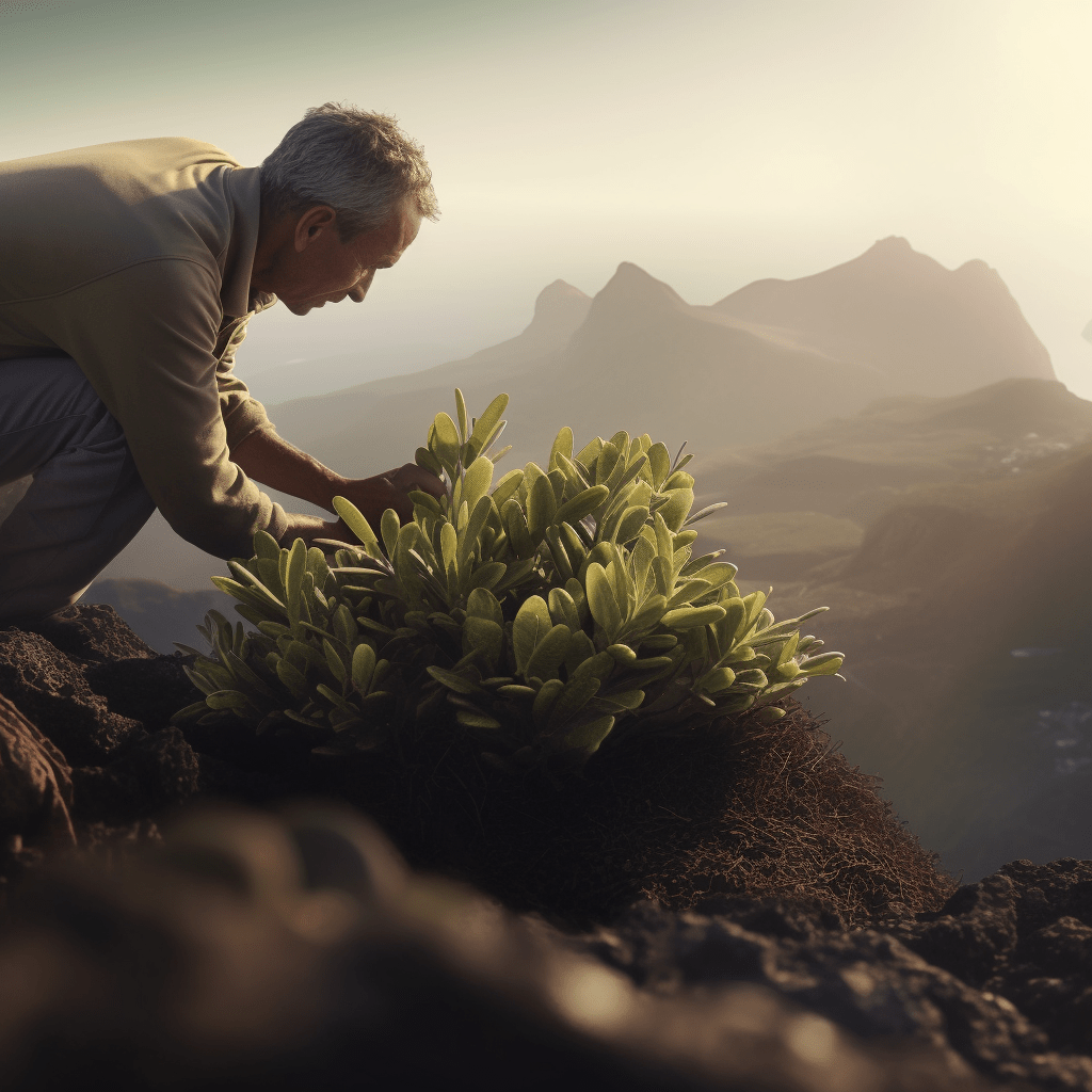 Hombre plantando un laurel en una cumbre. Imagen creada con IA