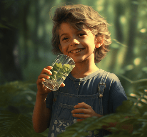 Imagen generada por IA de un niño bebiendo un baso de agua